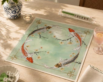 Luxury Koi Pond Fish Mahjong Mat | Rollable Mahjong Table Cover Mats Japanese Style Game Playmat Non-Slip Smooth Surface Mah jongg Mat Gifts