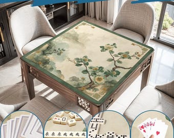 Green Blossom Mahjong Roll-Up Mat  – 31.5"x31.5" Non-Slip Polyester with Storage Bag  Anti-slip Mahjong Accessories, Gifts for Enthusiasms
