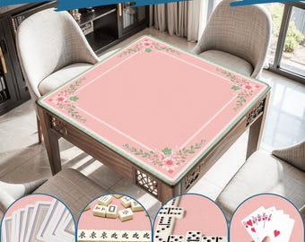 Groene bloemen Mahjongmat Elegante speelbordtafelkleed Stof Antislipoprolmatten Luxe Mahjong Cadeaus voor thuis Spelers Kerst en tas
