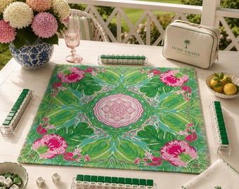 Green Pink Paradise Mahjong Mat 31.5" • Non-Slip Roll Up Play Mat Luxury Floral Game Board • Quiet Smooth Surface Gifts for Mah jongg Lovers