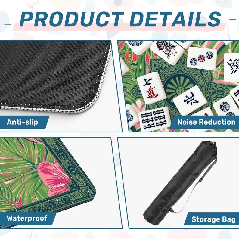 Green Tropical Mahjong Mat - Rollable Not Folded Table Cover Cloth Sets with Rules Non-Slip Transportable Game Play Mah jongg Mats 31.5" Set image 5