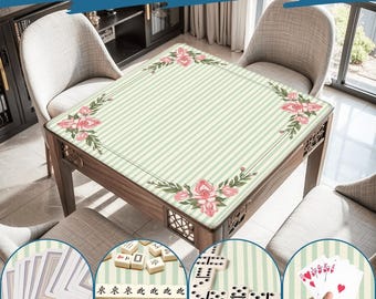 Tapete de Mahjong verde jade con diseño floral / Tapete de mesa de juego portátil antideslizante para uso doméstico y en torneos, tapete de juego con bolsa para fichas americanas