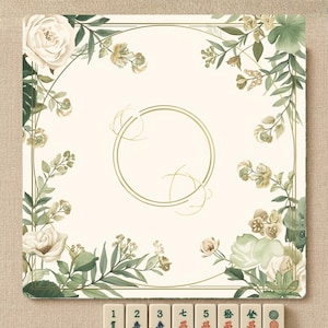 May include: A square, off-white game board with a floral design featuring white roses and green foliage. The board has a gold border and a central gold circle. Below are six Mahjong tiles with Chinese characters.