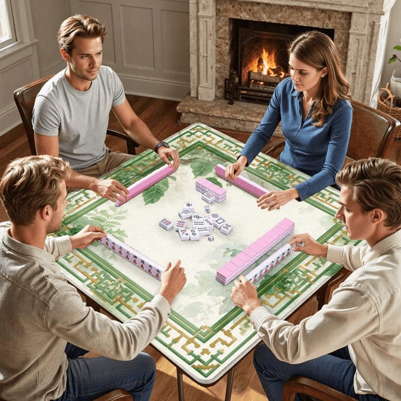 Mahjong mat roll up non slip polyester table cover 31" inch quiet smooth play surface storage bag for home game night gift idea US green set image 5