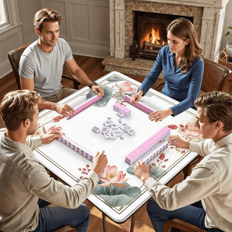 Elegant lotus Mahjong table mat with gold border and pastel design
Non-slip Mahjong mat 31.5 inch roll-up for quiet play
Soft cream Mahjong play mat lotus flower frame aesthetic