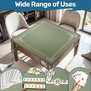 May include: A wooden game table with a green surface and decorative floral and geometric patterns. The table is surrounded by chairs. The image includes examples of games that can be played on the table, including cards, mahjong, and dominoes. Text at the top reads "Wide Range of Uses."