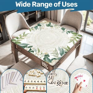 Puede incluir: Una mesa de madera con un diseño floral y el texto "Wide Range of Uses". La mesa está rodeada de sillas. La imagen muestra la mesa utilizada para jugar a las cartas, al dominó y al mahjong.