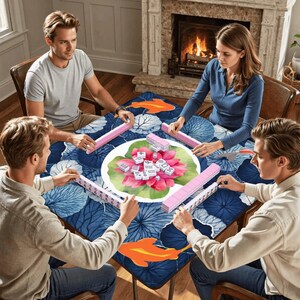 Koi Pond Mahjong Mat – Lotus Flower Mahjong Table Cover, Neoprene Non-Slip Mahjong Playmat, Elegant Botanical Gaming Mat, Mahjong Gift Decor image 6