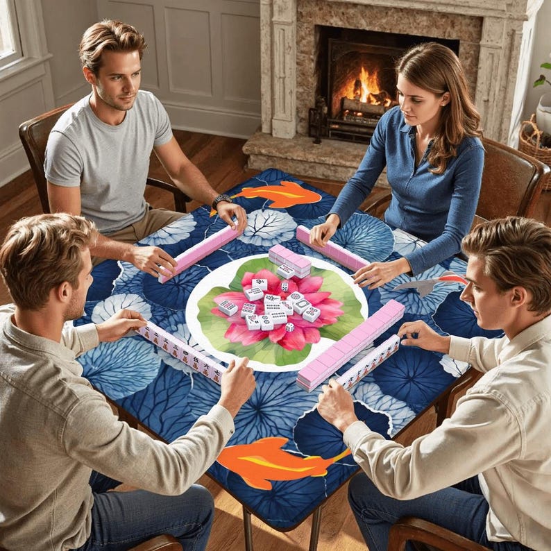 Koi Pond Mahjong Mat – Lotus Flower Mahjong Table Cover, Neoprene Non-Slip Mahjong Playmat, Elegant Botanical Gaming Mat, Mahjong Gift Decor image 6