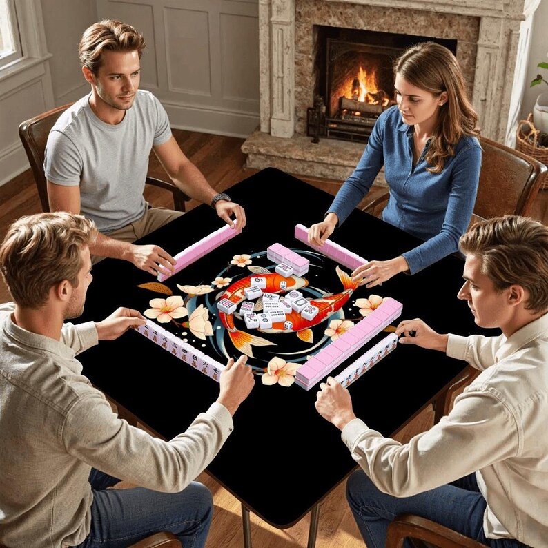Koi Pond Mahjong Mat Lotus Flower Mahjong Table Cover Non-Slip Mah jongg Playmat Elegant Asian Art Gaming Mats Mahjong Gifts Ideas Decor Set image 6