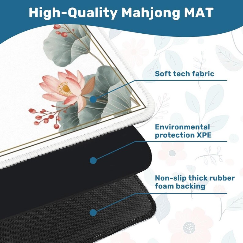 Elegant lotus Mahjong table mat with gold border and pastel design
Non-slip Mahjong mat 31.5 inch roll-up for quiet play
Soft cream Mahjong play mat lotus flower frame aesthetic