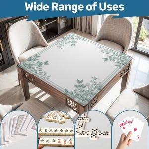 Peut inclure: Une table en bois avec une surface blanche ornée d'un motif floral vert. La table est entourée de chaises et est présentée avec des cartes à jouer, des dominos et des tuiles de mahjong, avec le texte "Wide Range of Uses" en haut.