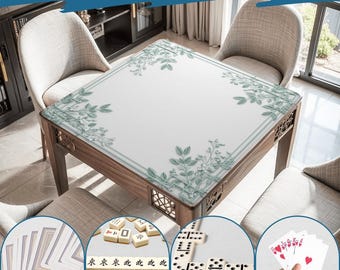 Jade Green Mahjong Table Mat –Non Slip Roll-Up Quiet Game Play Mat 31.5" Elegant Chinese Floral Art Design Soft Pastel Mah jongg Surface Bag
