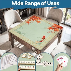 May include: Wooden table with a light green surface featuring a koi fish and red maple leaves design. The table is surrounded by chairs and the text "Wide Range of Uses" is at the top. Various games are displayed, including cards, dominoes, and mahjong tiles.