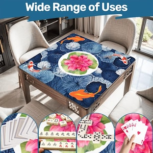 Koi Pond Mahjong Mat – Lotus Flower Mahjong Table Cover, Neoprene Non-Slip Mahjong Playmat, Elegant Botanical Gaming Mat, Mahjong Gift Decor image 1