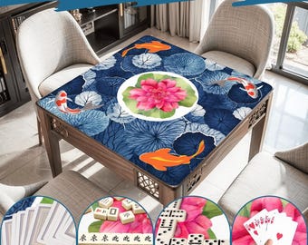 Koi Pond Mahjong Mat – Lotus Flower Mahjong Table Cover, Neoprene Non-Slip Mahjong Playmat, Elegant Botanical Gaming Mat, Mahjong Gift Decor