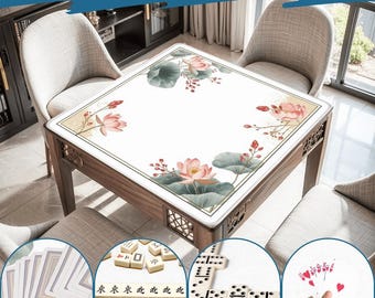 Lotus Mahjong Tischmatte, Tasche - Elegante rutschfeste Roll-Mahjong-Spielmatte 31,5 Zoll weiche, pastellfarbene Blumenspieloberfläche ruhige Heimspiele Geschenke Ideen