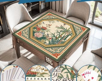 May include: A wooden table with a floral and bamboo patterned top. The table is surrounded by chairs. The image includes playing cards, dominoes, and Mahjong tiles, with the text "Wide Range of Uses" at the top.
