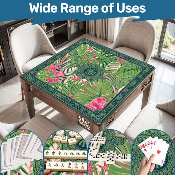 Green Tropical Mahjong Mat - Rollable Not Folded Table Cover Cloth Sets with Rules Non-Slip Transportable Game Play Mah jongg Mats 31.5" Set