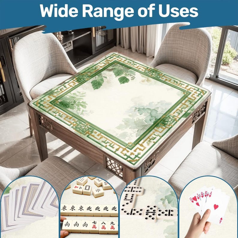 Mahjong mat roll up non slip polyester table cover 31" inch quiet smooth play surface storage bag for home game night gift idea US green set image 1