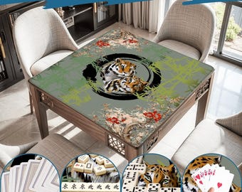 Botanical Green Mahjong Mat Roll-Up with Storage Bag Twin Tigers Bamboo Garden, Asian Art Wildlife Design- Rules Non-slip Waterproof Playmat