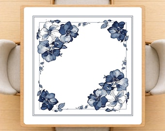 Dark Blue Flower Art Mahjong Mat White Simple Background Board Rolled Up Table Cover Cloth Game Surface and Bag Gifts Idea Mah jongg Set Men