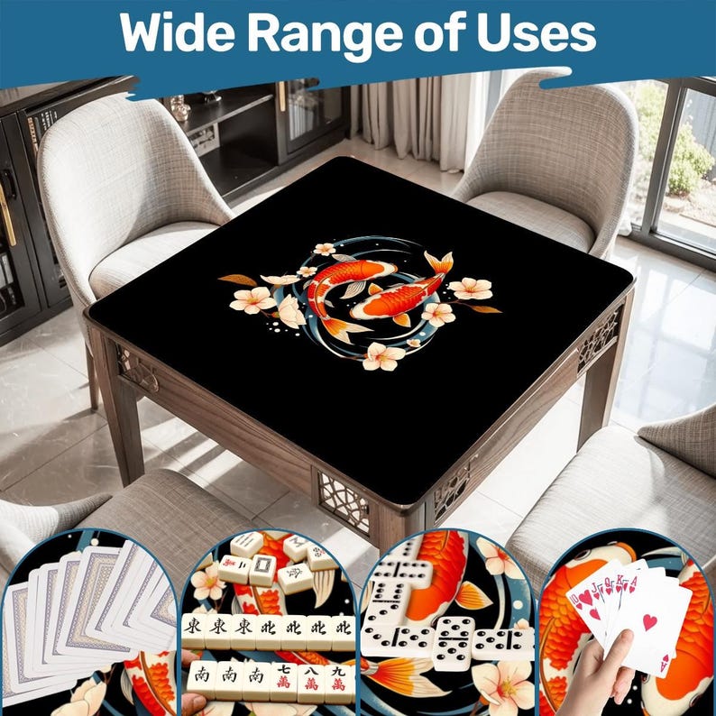 May include: A square wooden table with a black surface, decorated with a koi carp design. The table is surrounded by chairs. The image includes the text "Wide Range of Uses" at the top, and shows examples of the table being used for games.