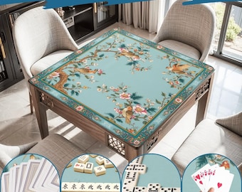Turquoise Hummingbird Mahjong Mat Elegant Mahjongg Table Cover Sets Rollable Mats and Bag Japanese Style Mah jongg Board Gifts for Players