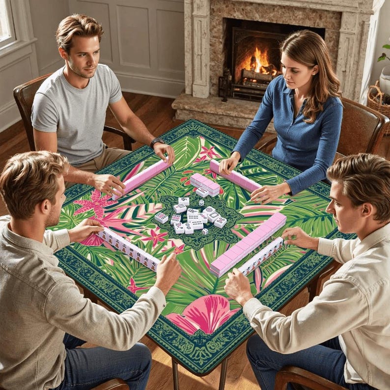 Green Tropical Mahjong Mat - Rollable Not Folded Table Cover Cloth Sets with Rules Non-Slip Transportable Game Play Mah jongg Mats 31.5" Set image 6