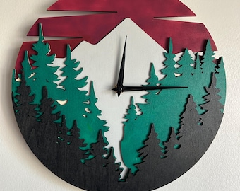 Layered Wood Mountain Clock | Pine Forest Sunset Wall Art | Rustic Cabin Décor