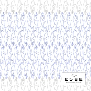 Puede incluir: Patrón repetitivo de ilustraciones de tiburones azules sobre fondo blanco. Los tiburones están estilizados con un contorno minimalista, creando un diseño simétrico. La imagen incluye el texto "ESBE" y "www.esbestudio.com".