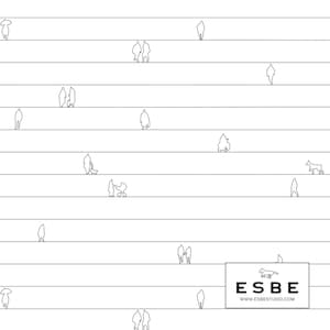 May include: A repeating pattern of horizontal lines with minimalist line drawings of people and animals. The design includes a logo with the text "ESBE" and the website address www.esbestudio.com.