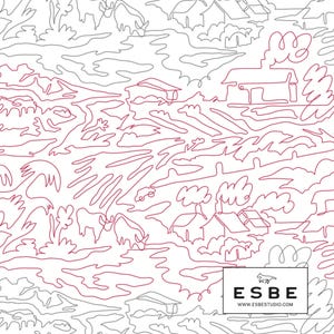 May include: A white background with a continuous line drawing in gray and burgundy. The drawing depicts a rural landscape with houses, trees, and animals. The lower right corner features a logo with the text "ESBE" and the website address.