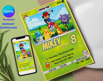 Pokemon Editable Card Invitation | Kids Birthday Invite | Canva Template | Digital Invitation | Instant Download