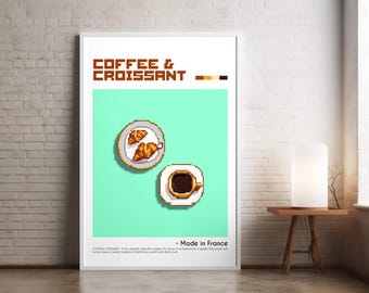 Coffee and Croissant Digital Poster • Illustrated food • Kitchen Pixel Art • Light & Dark • Minimalist Design