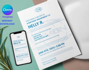 Severance Inspired Birthday Invitation Template: Lumon Retro Design (Canva, 5x7 + Phone)