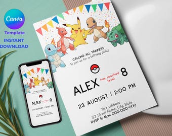 Pokemon Birthday Invitation | Editable Canva Template | Digital Party Invite | Instant Download