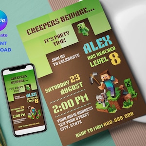Invitación de cumpleaños / Plantilla de Canva / Invitación digital editable / Descarga instantánea / Inspirada en Minecraft