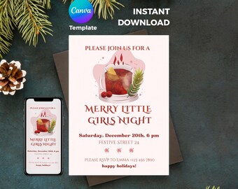 Christmas Party Invite Template | Girls Night Xmas | Whimsical Mulled Wine | Stylish Friendsmas Dinner (Canva digital file)