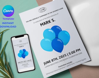 Severance Birthday Invitation | Lumon-Inspired Party Invite | Editable Corporate Party Announcement | Blue Balloons Canva Template