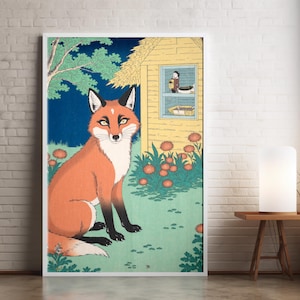 Japanese Fox Wall Art, Ukiyo-e Kitsune Print, Vintage Animal Poster, Traditional Japan Decor, Digital Download