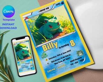 Pokemon Editable Card Invitation | Kids Birthday Bulbasaur Invite | Canva Template | Digital Invitation | Instant Download