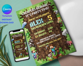 Pixel Adventure Party Invite | Canva Template | Editable Digital Download | Minecraft-inspired