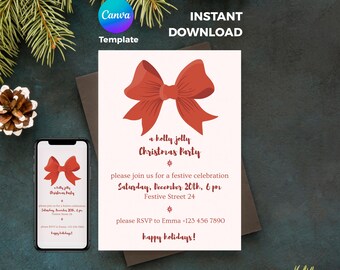 Christmas Party Invite Template | Whimsical Bow | Stylish Friendsmas Dinner (Canva digital file)