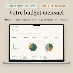 May include: A laptop screen displaying a digital monthly budget spreadsheet for Excel and Google Sheets. The interface features the text 'Votre budget mensuel', 'Janvier', and 'Tableau de bord', with various financial data, bar charts, and pie charts.