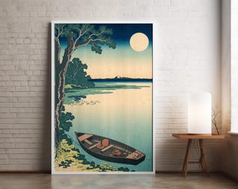 Japanese Lake Art Print: Ukiyo-e Boat, Moonlit Scene (Digital Download)