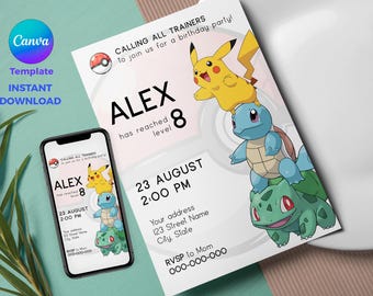 Pokemon Birthday Invitation | Canva Template | Editable Digital Invite | Instant Download