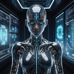 AI Cyborg – Arte digital de mulher cibernética futurista | Impressão de robô de ficção científica | Download digital