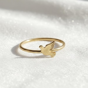 Sierlijke schattige vogelring, minimalistische duifring, duivenring voor vrouwen, 14K geelgouden vogelsieraden, jubileumcadeau voor vrouw, verlovingsring
