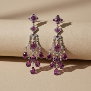 女性用ウェディングシャンデリアイヤリング、ルビーペア＆ラウンドCZストーンダングルイヤリング、ジェムストーンティアドロッププロポーズイヤリング、プッシュバックドロップイヤリング